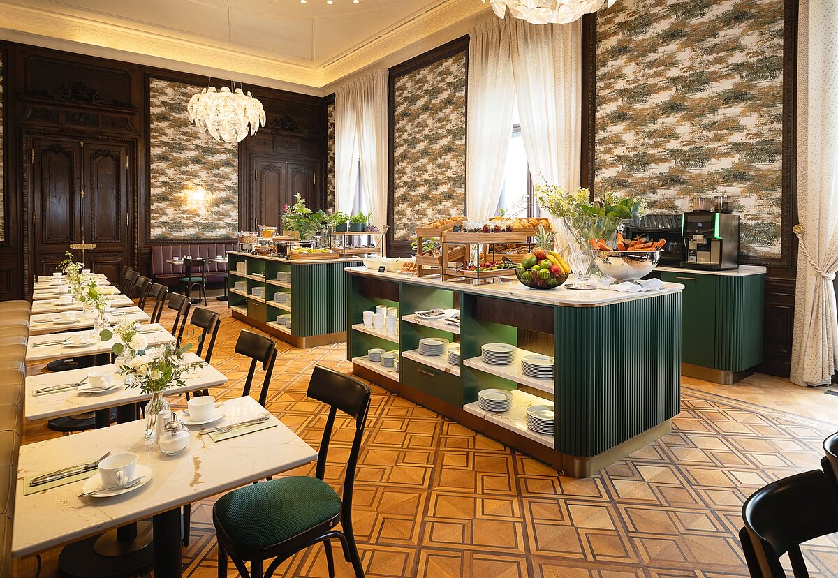 Breakfast restaurant with set up tables and buffet