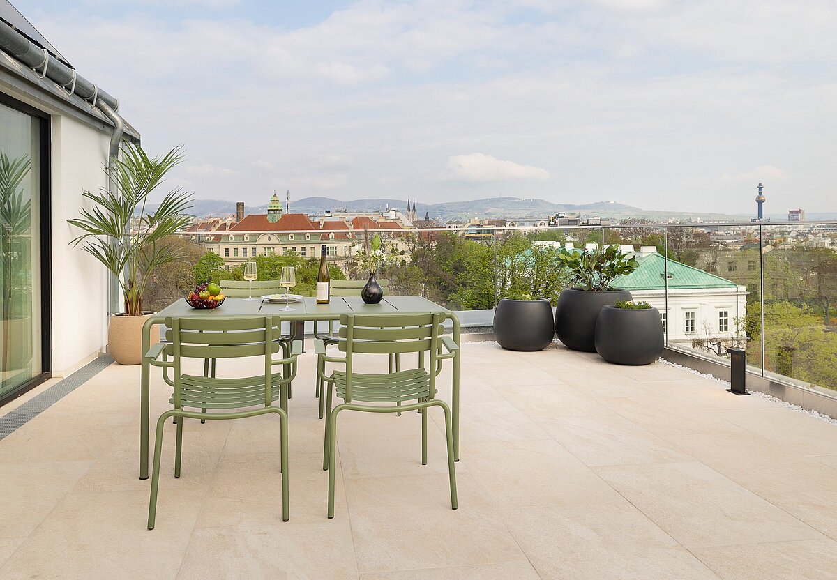 Large roof top terrace with view over Vienna at Executive Suite