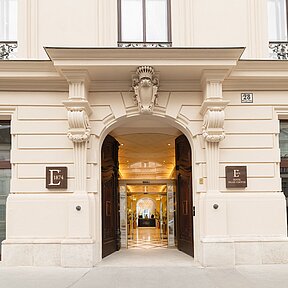 The hotel’s imposing entrance