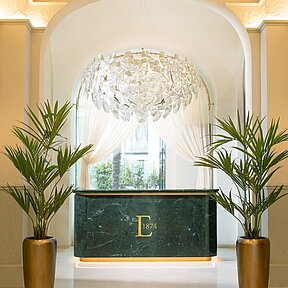 Hotel Reception desk  with plants and chandelier
